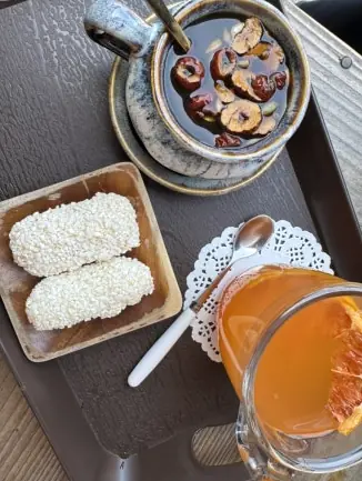 Overhead view of Korean tea set