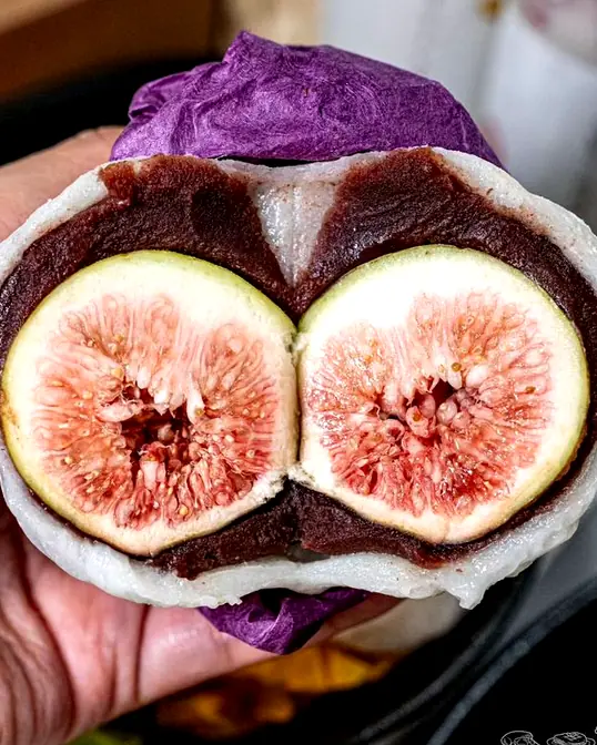 Sliced fig mochi dessert close-up