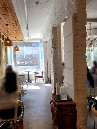 Cafe interior wooden ceiling brick
