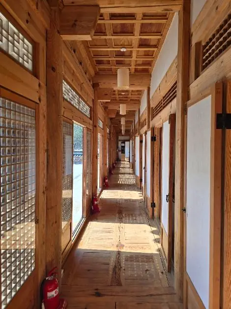 Traditional wooden temple building corridor