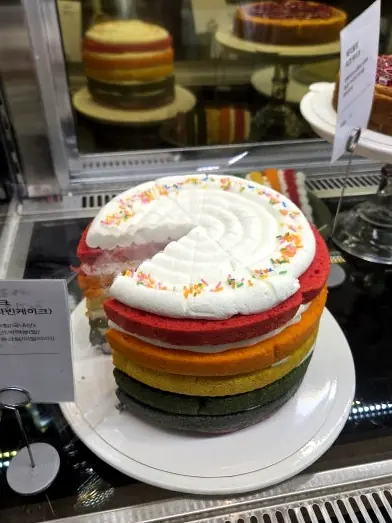 Colorful rainbow cream cake display