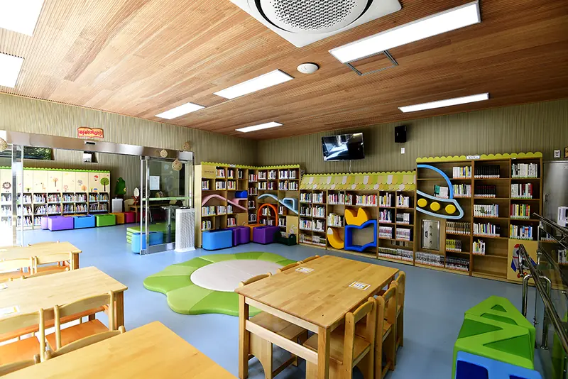 Bright children forest library wooden interior