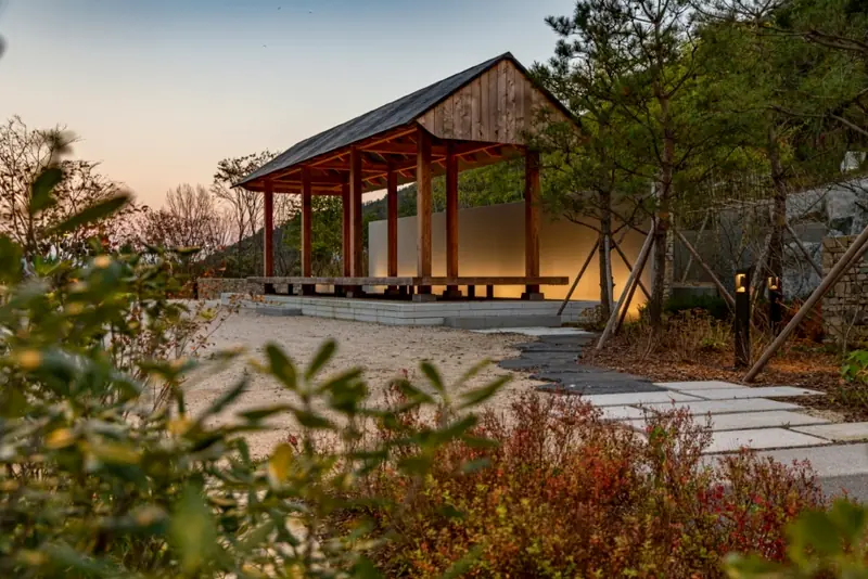 Traditional wooden forest pavilion resting spot