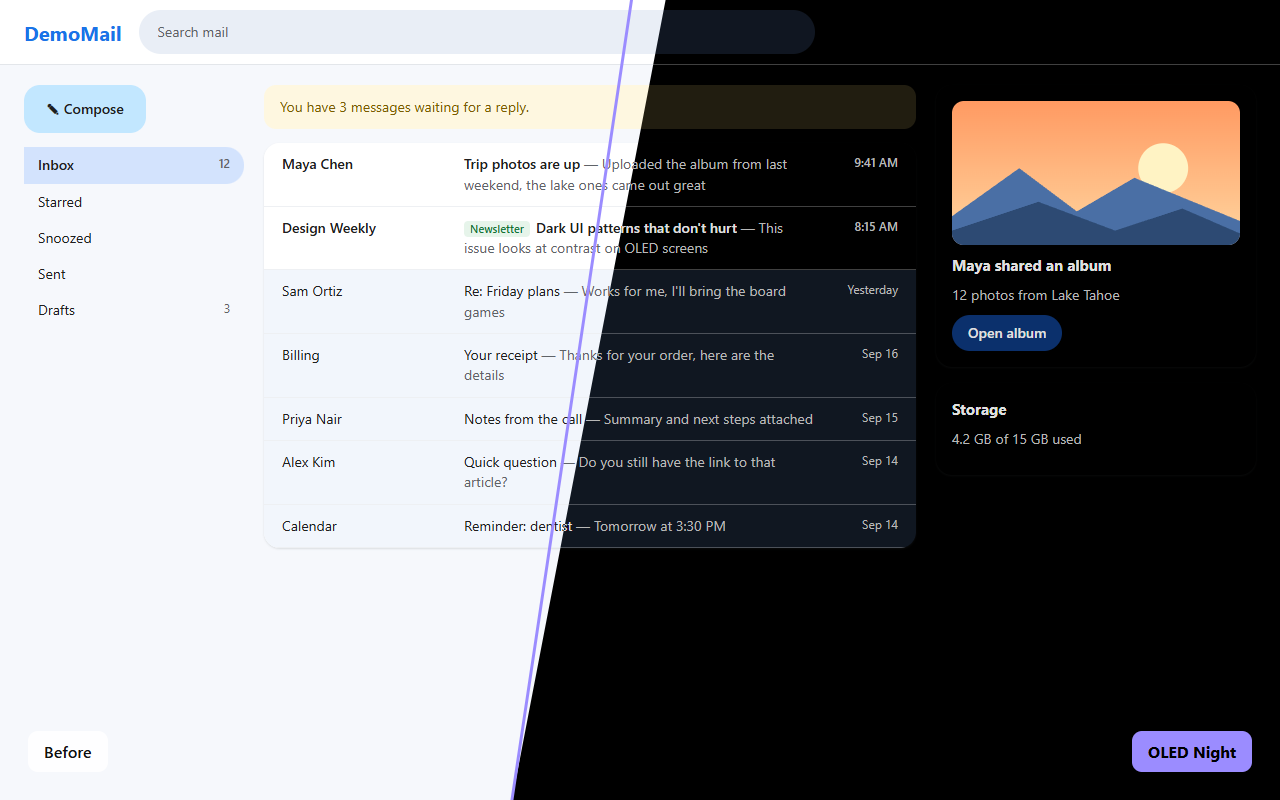 Before and after OLED Night on an email inbox