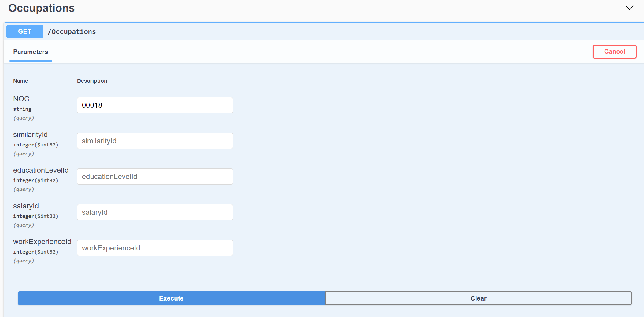 Screenshot of Swagger UI showing /Occupations endpoint.