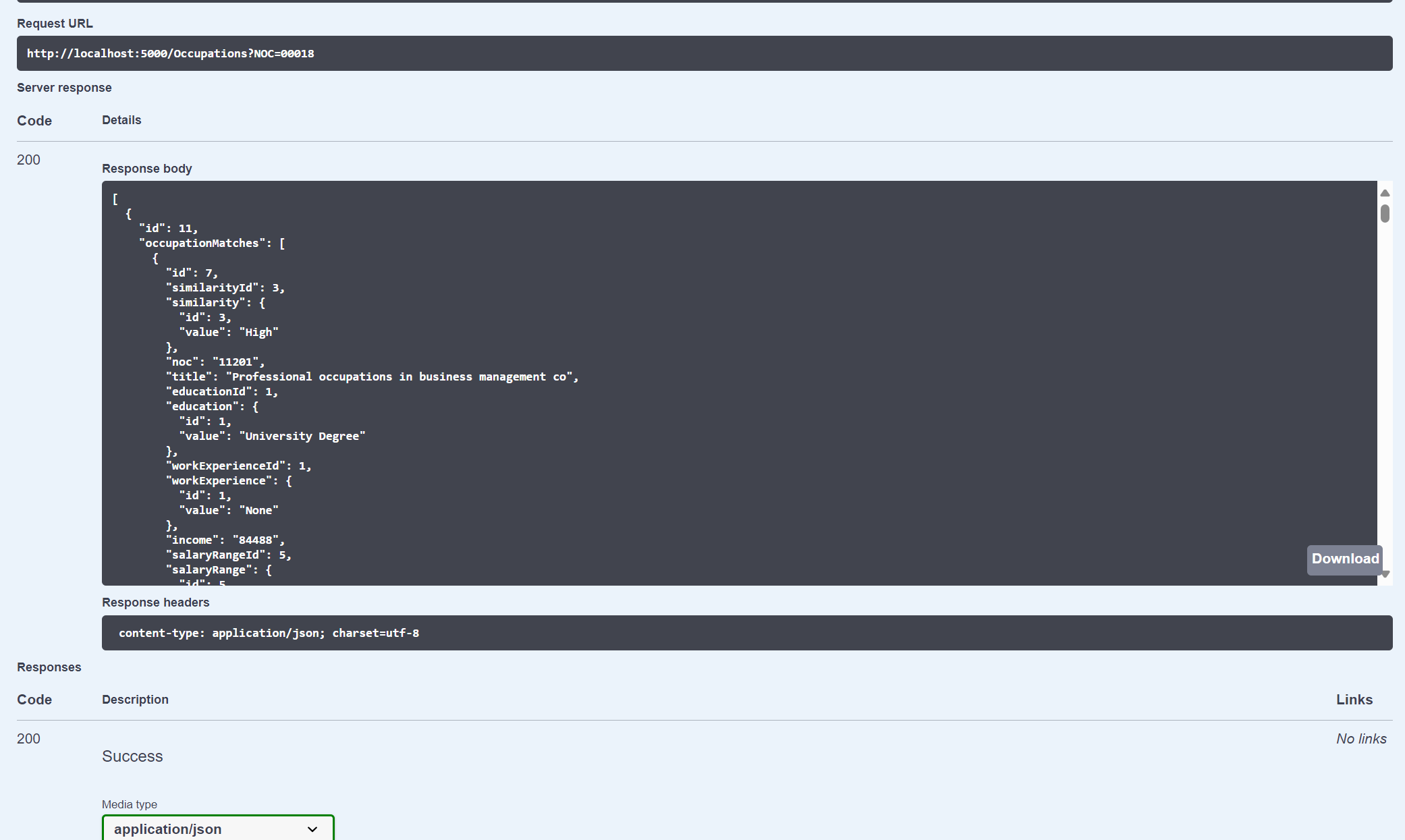 Screenshot of Swagger UI showing endpoint output.