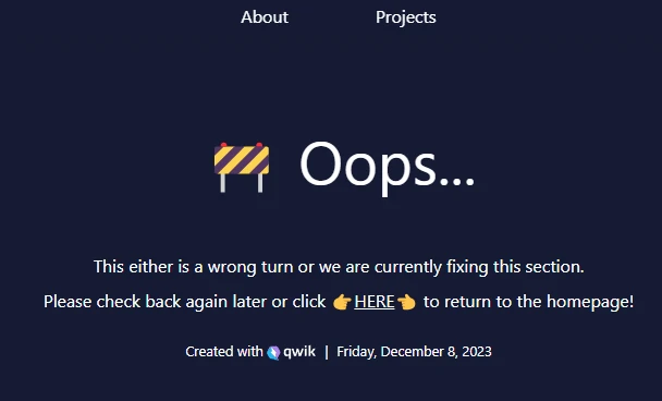 Custom 404 page with a construction emoji in the header and a 'click here' link to redirect to home page