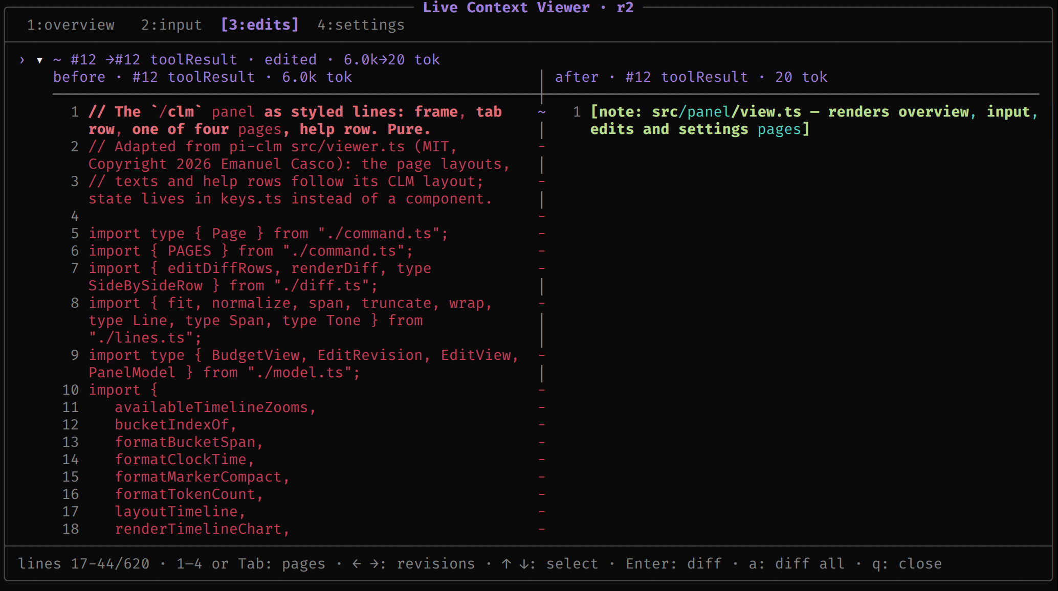 The edits page: a tool result before and after the model shortened it