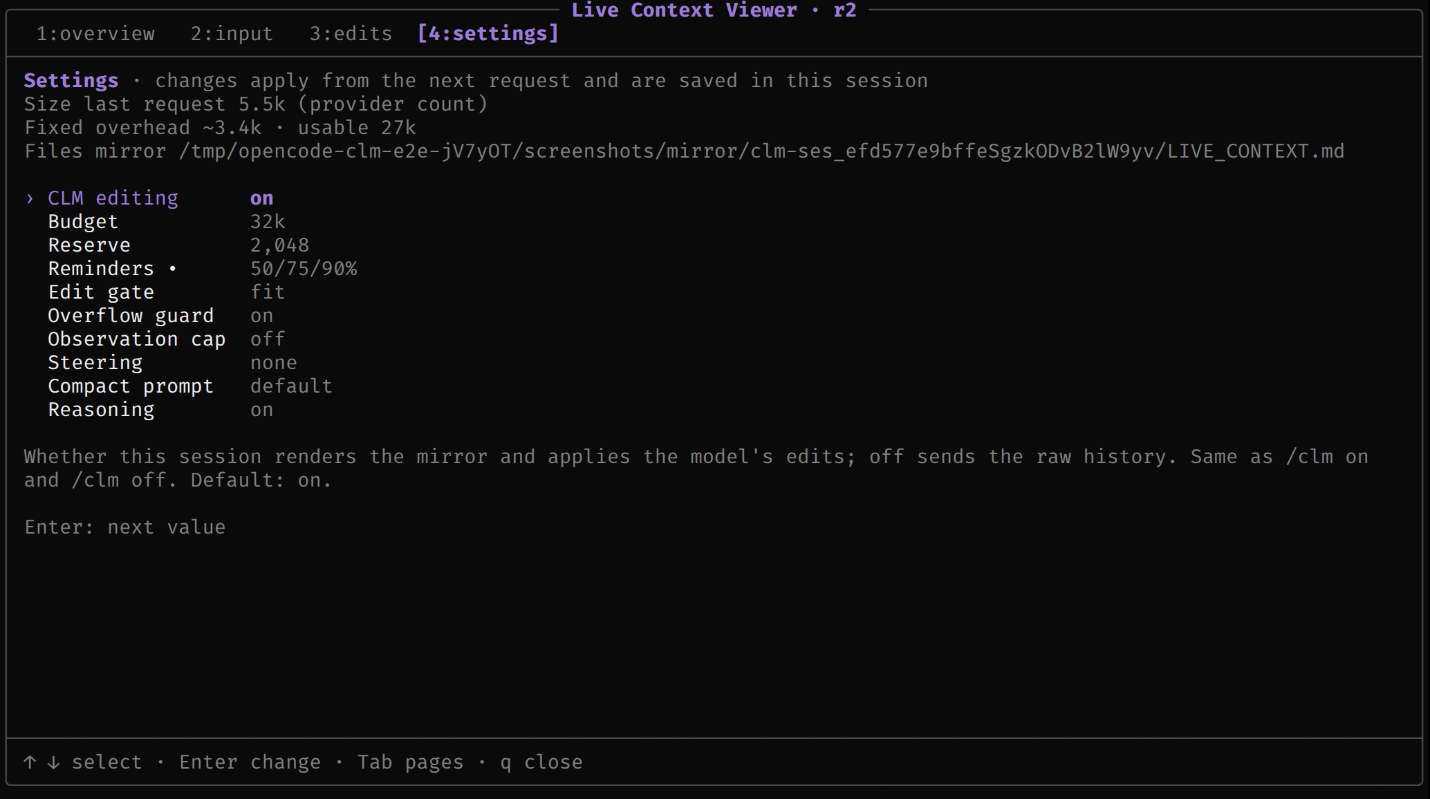 The settings page: sizes, files, and every setting