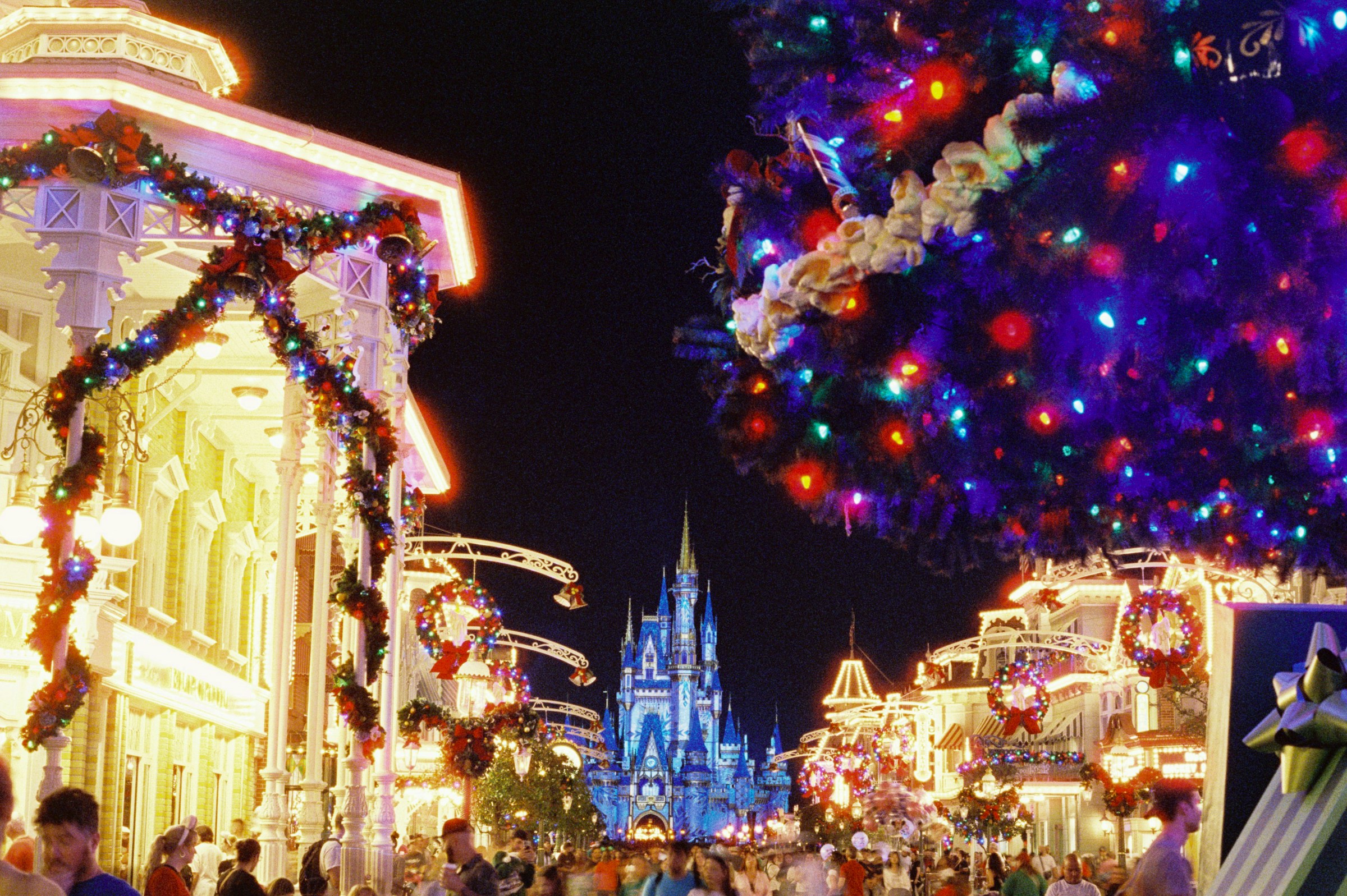 Main Street U.S.A. glows with Christmas garlands and wreaths at night, with Cinderella Castle lit up at the end of the street.