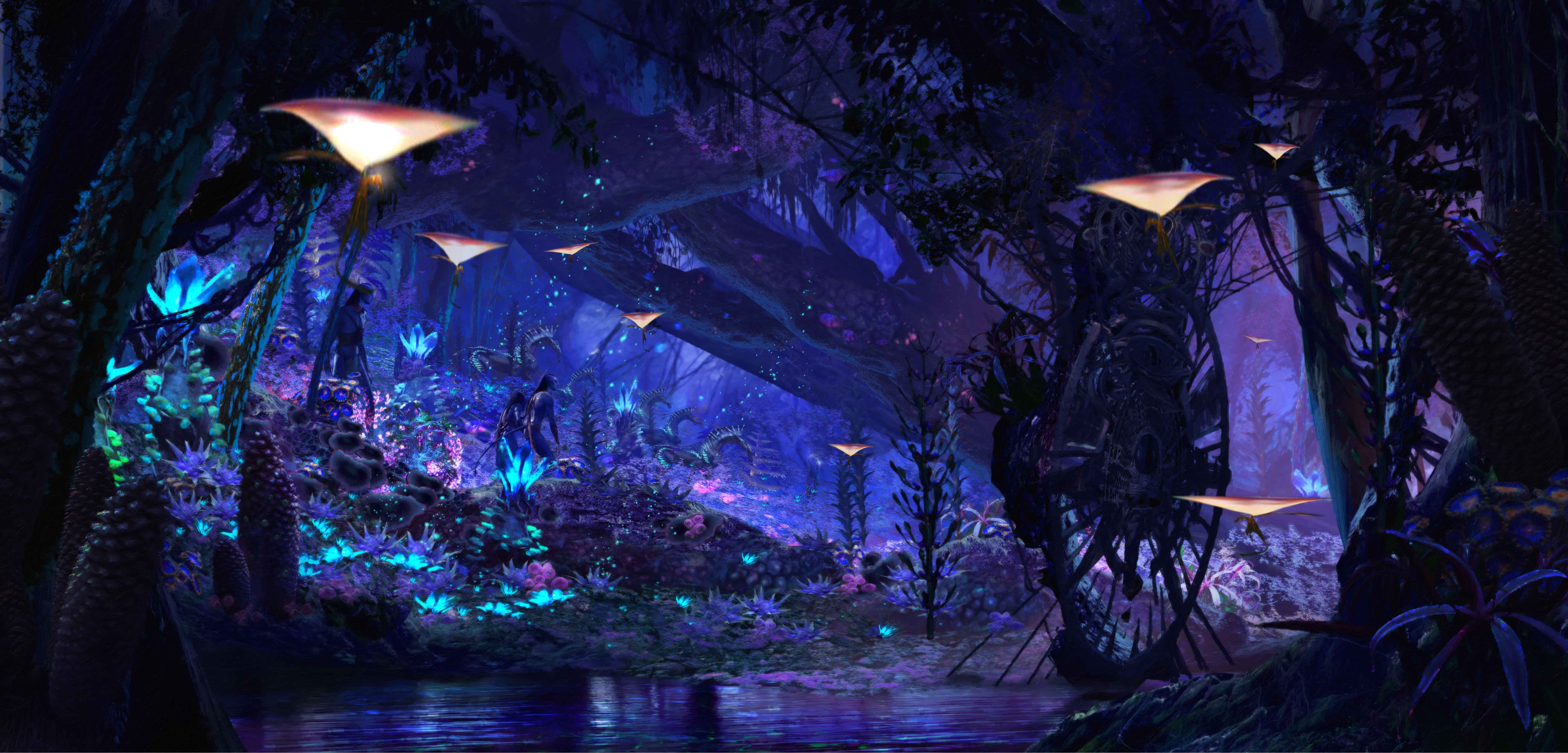 A glowing bioluminescent forest scene inside Na'vi River Journey in Pandora at Disney's Animal Kingdom.
