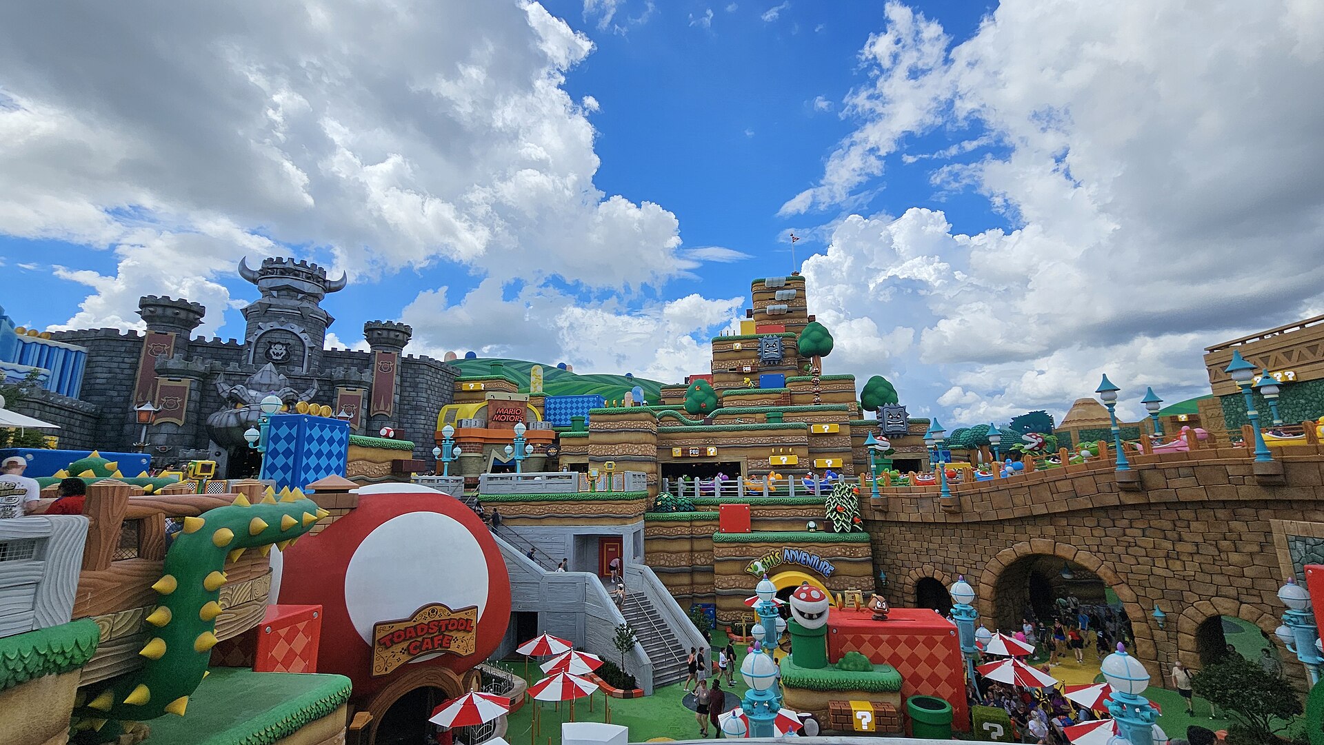 Super Nintendo World at Universal Epic Universe in Orlando — Bowser's Castle, Mount Beanpole and the Toadstool Cafe.