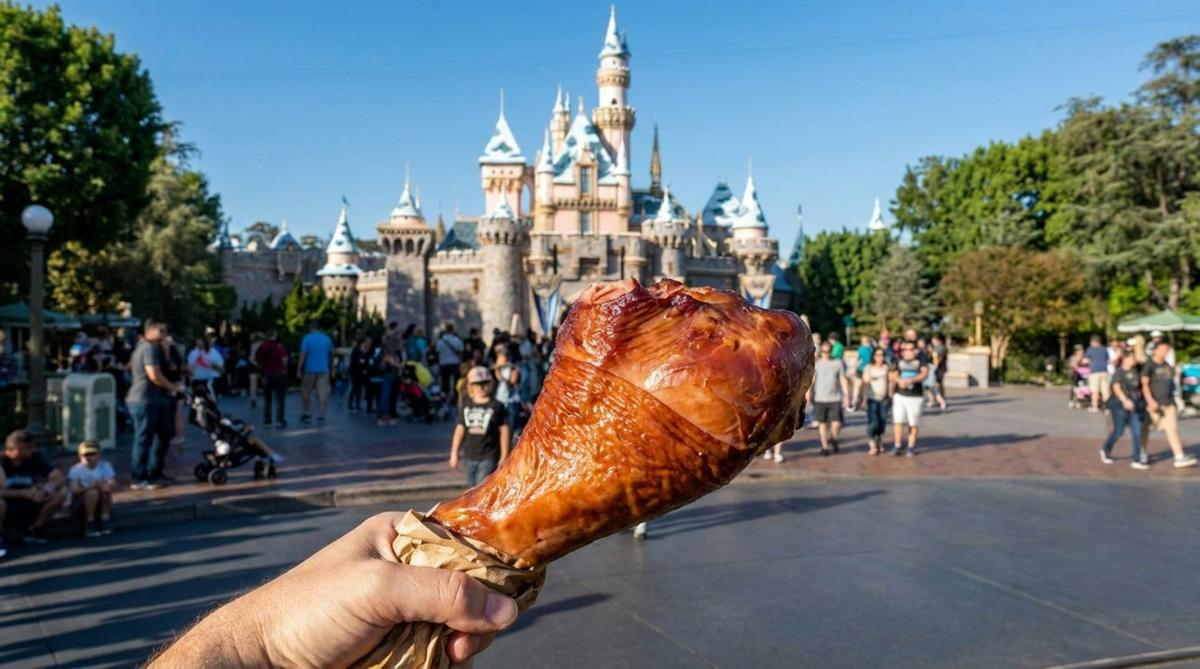 Turkey leg held up in front of Sleeping Beauty Castle at Disneyland on a sunny day
