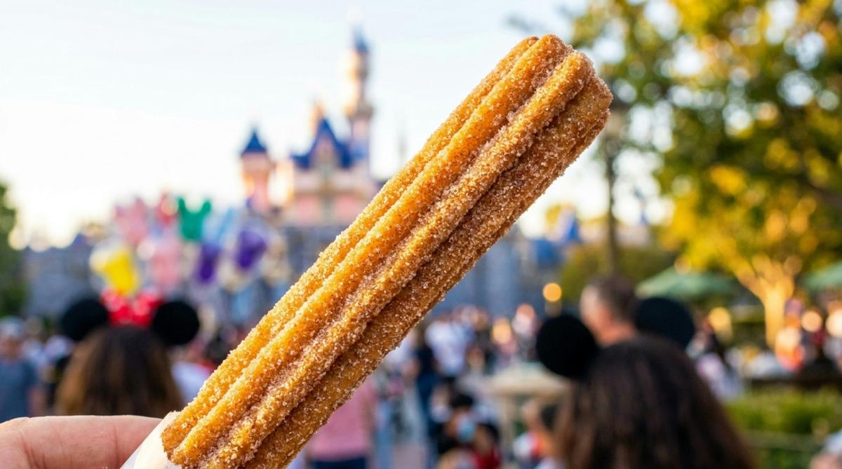 Disneyland churro held up in front of Sleeping Beauty Castle at dusk with crowds in the background
