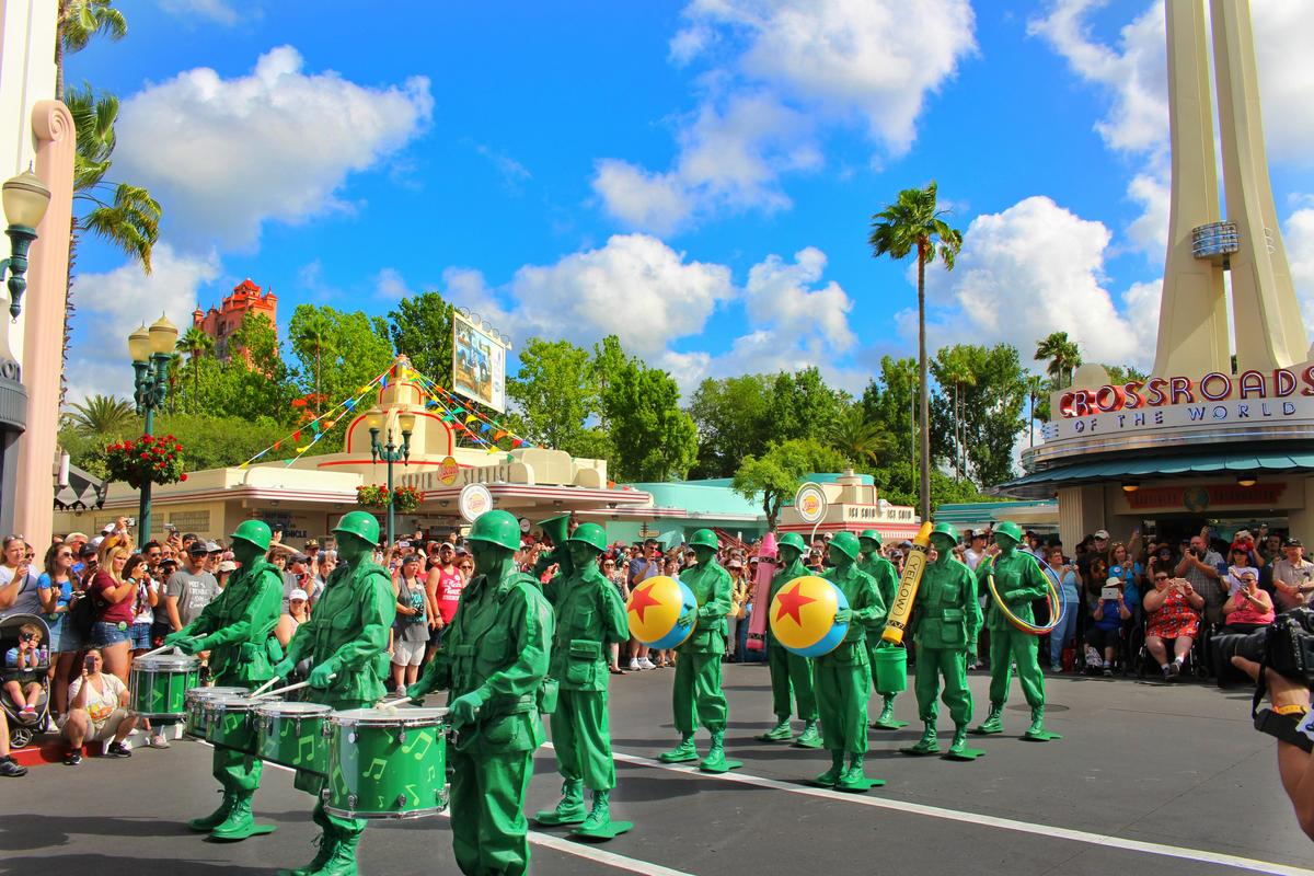 Green Army Men from Toy Story performing a drum parade on Hollywood Boulevard at Disney