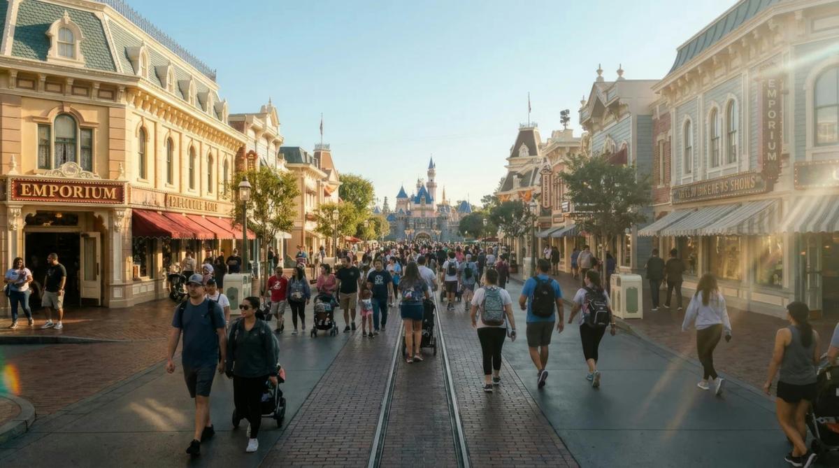 Families with strollers walking down Main Street USA toward Sleeping Beauty Castle at Disneyland during golden hour