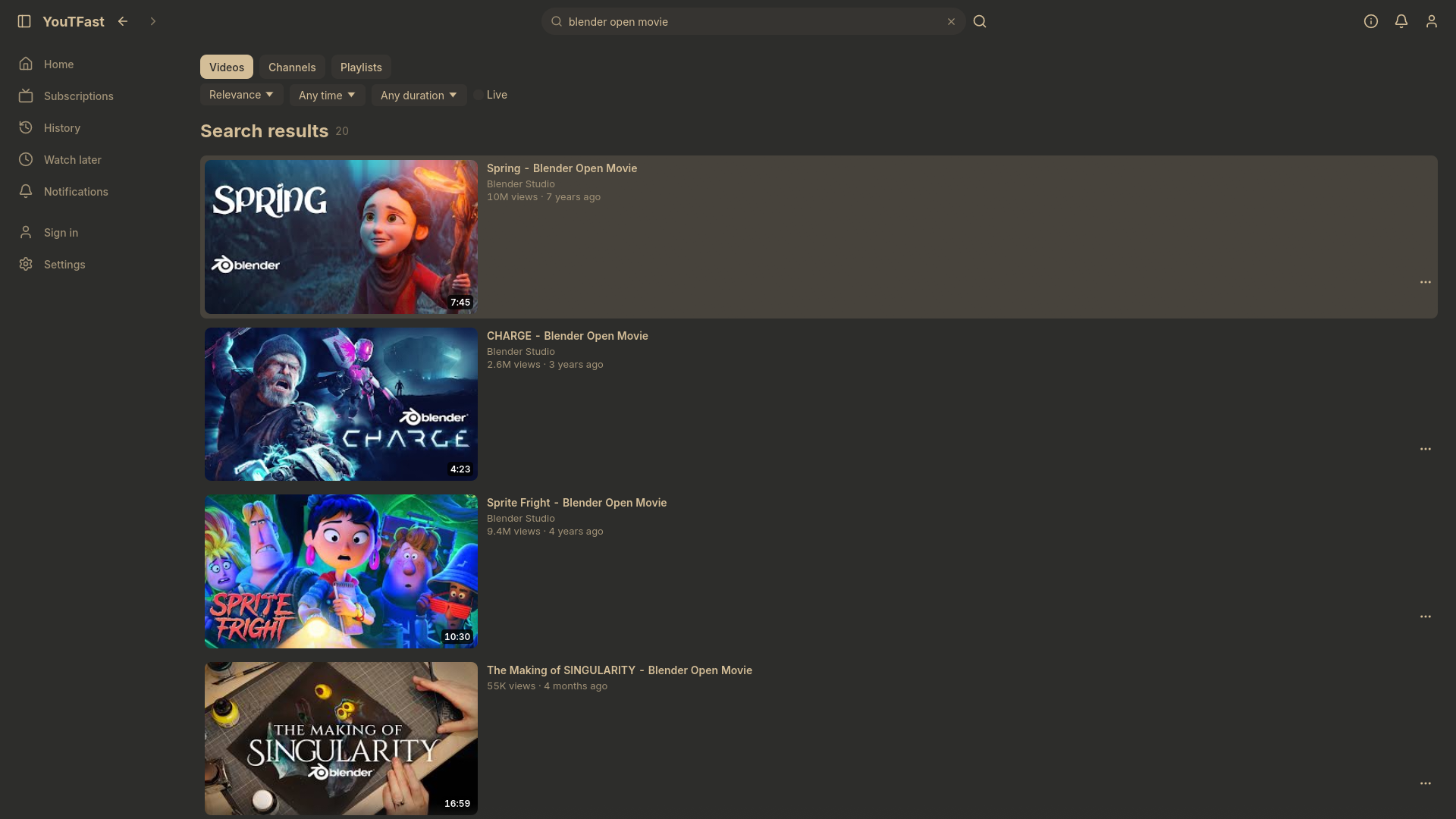 YouTFast showing search results, full screen