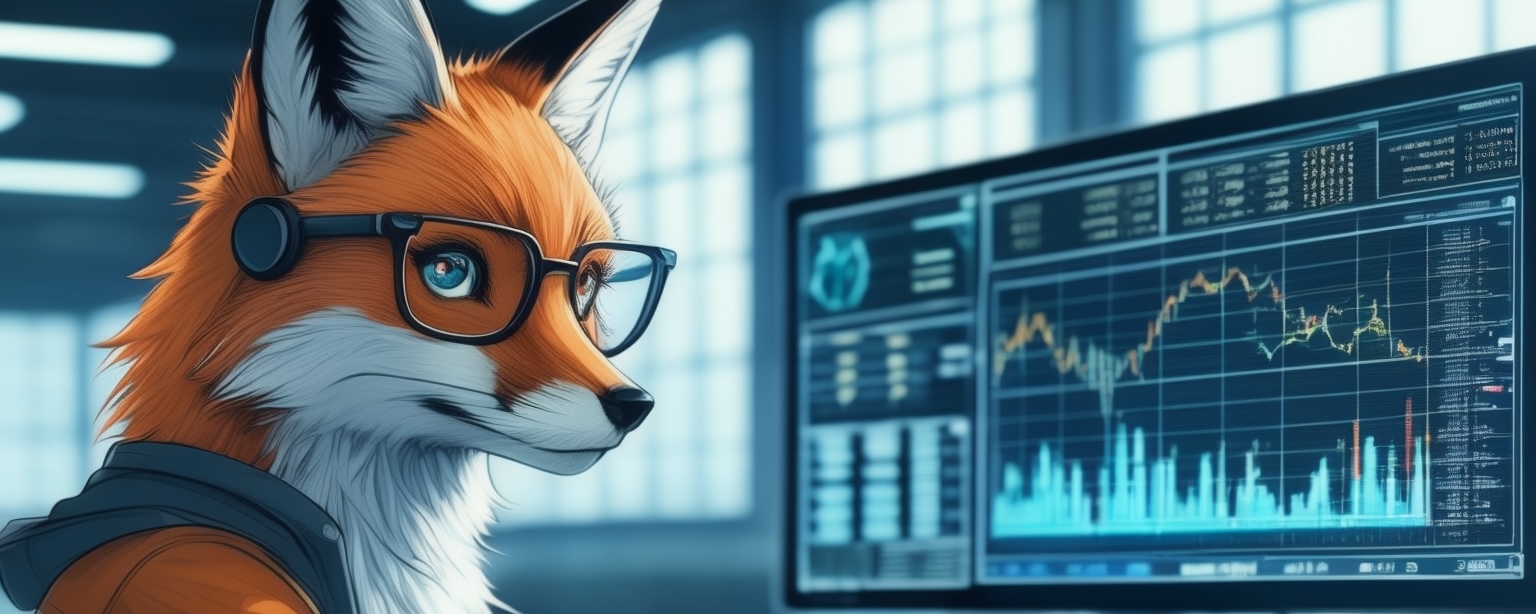 a humanoid fox from behind watching metrics dashboards, multiple computer monitors,manga style