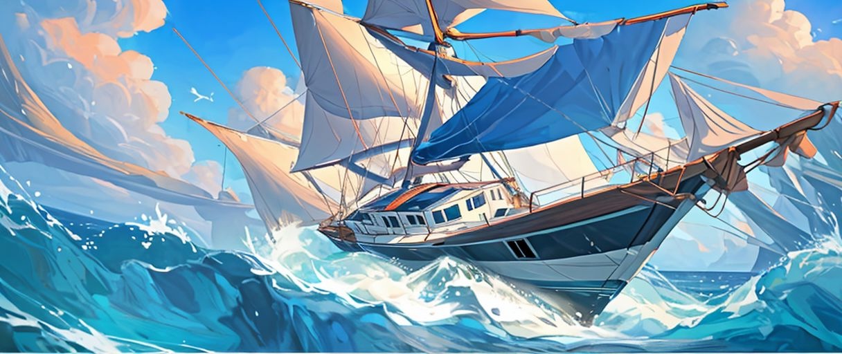 blue sailboat, ((blue sails)), tropical