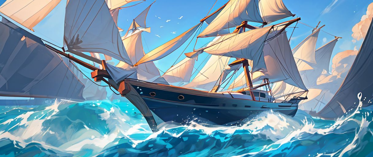 blue sailboat, ((blue sails)), tropical