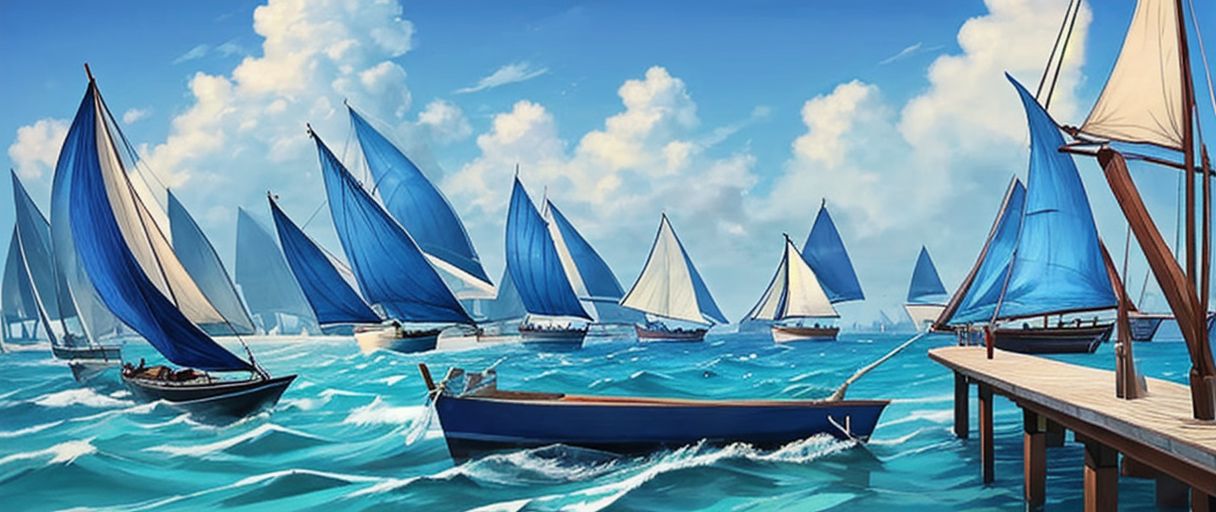 blue sailboat, ((blue sails)), tropical