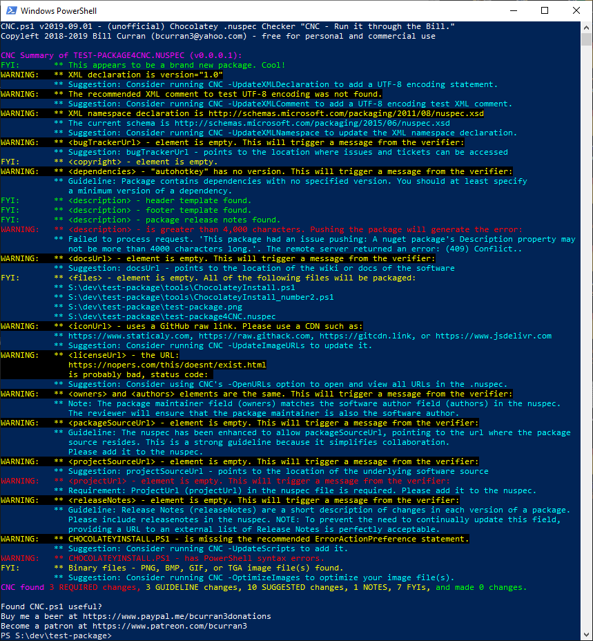 Screenshot of (unofficial) Chocolatey .nuspec Checker (CNC) (Script)