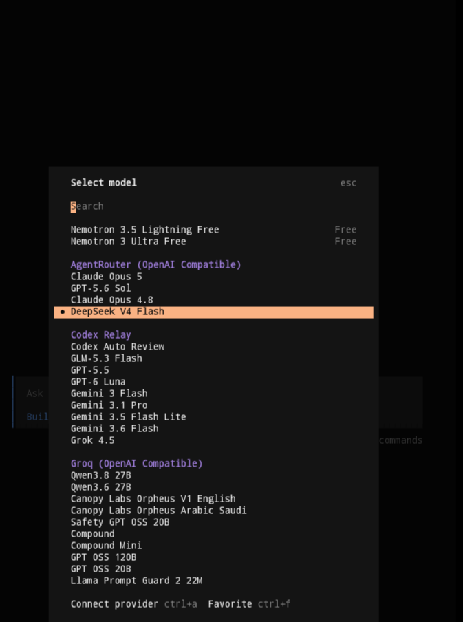 opencode model picker in Termux, including free models
