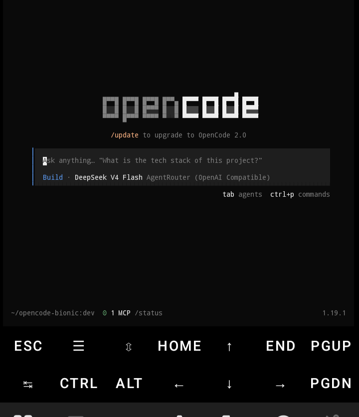 opencode welcome page in Termux on Android