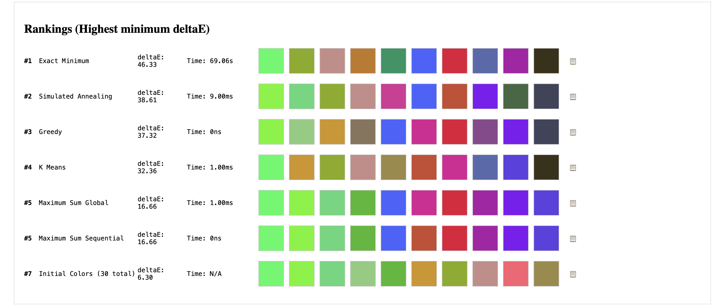 Example color selection output