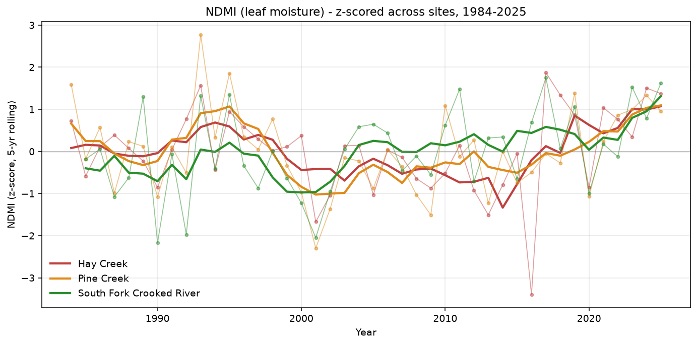 NDMI z-score comparison across Hay Creek, Pine Creek, and South Fork Crooked River from 1984 to 2025 — three colored lines diverging around 2000 and reconverging in recent years