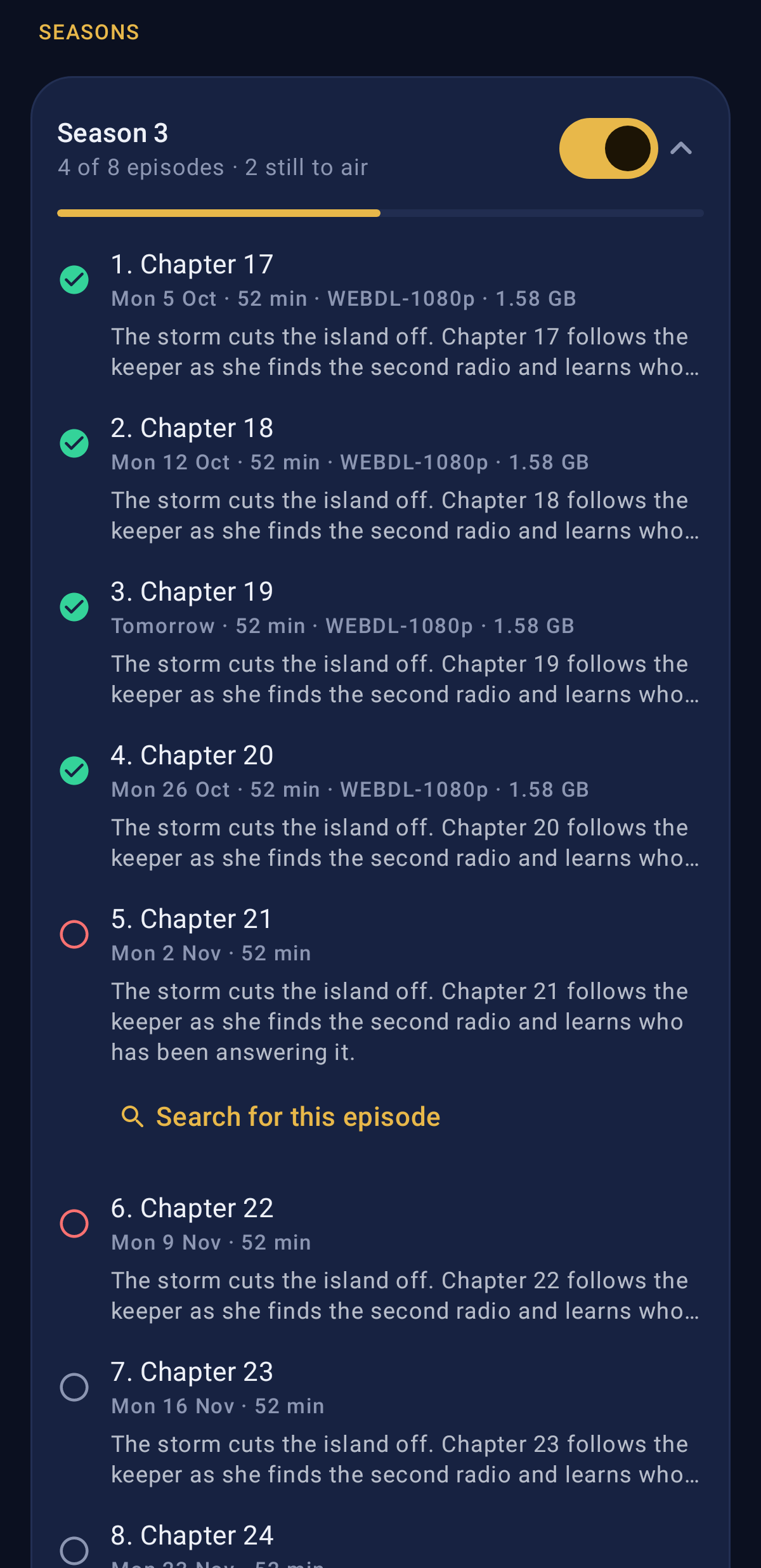 Episodes with their stories