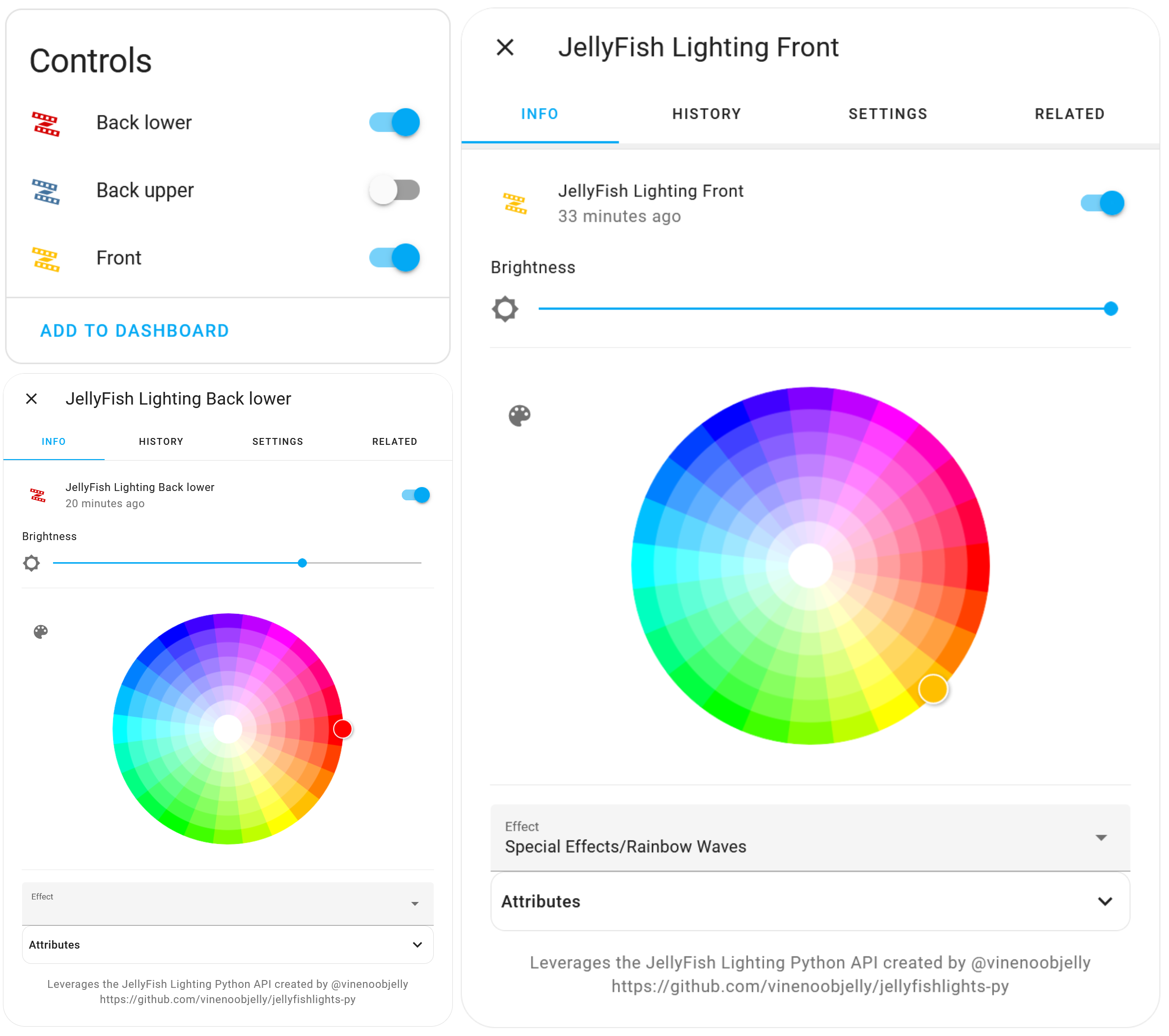 Screenshots of JellyFish Lighting integration for Home Assistant