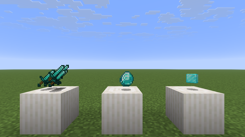 A bunch of diamond swords, some diamonds, and a diamond block on quartz pillars. The former two are flat whilst the latter is not.