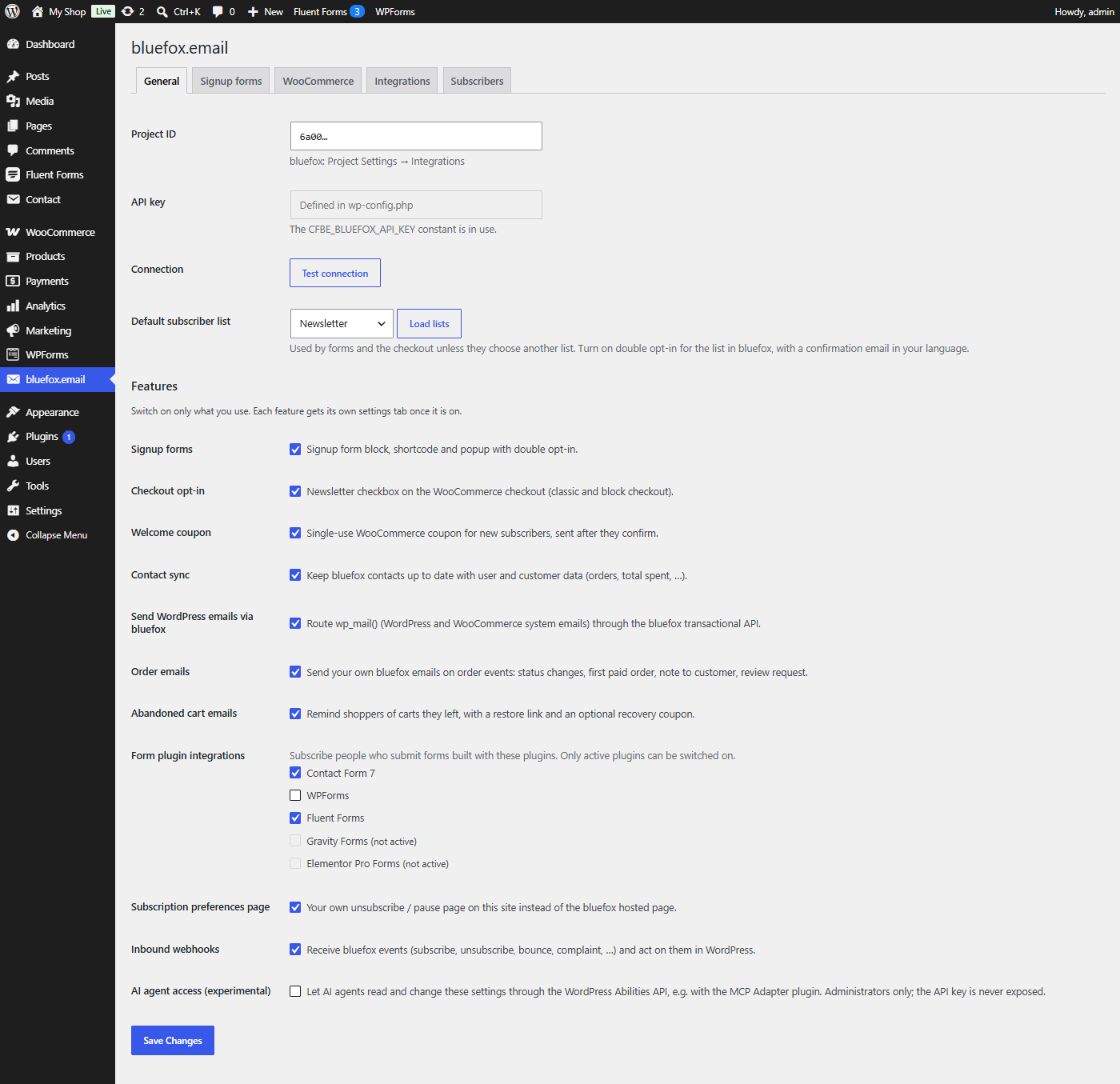 General settings tab with the feature switches