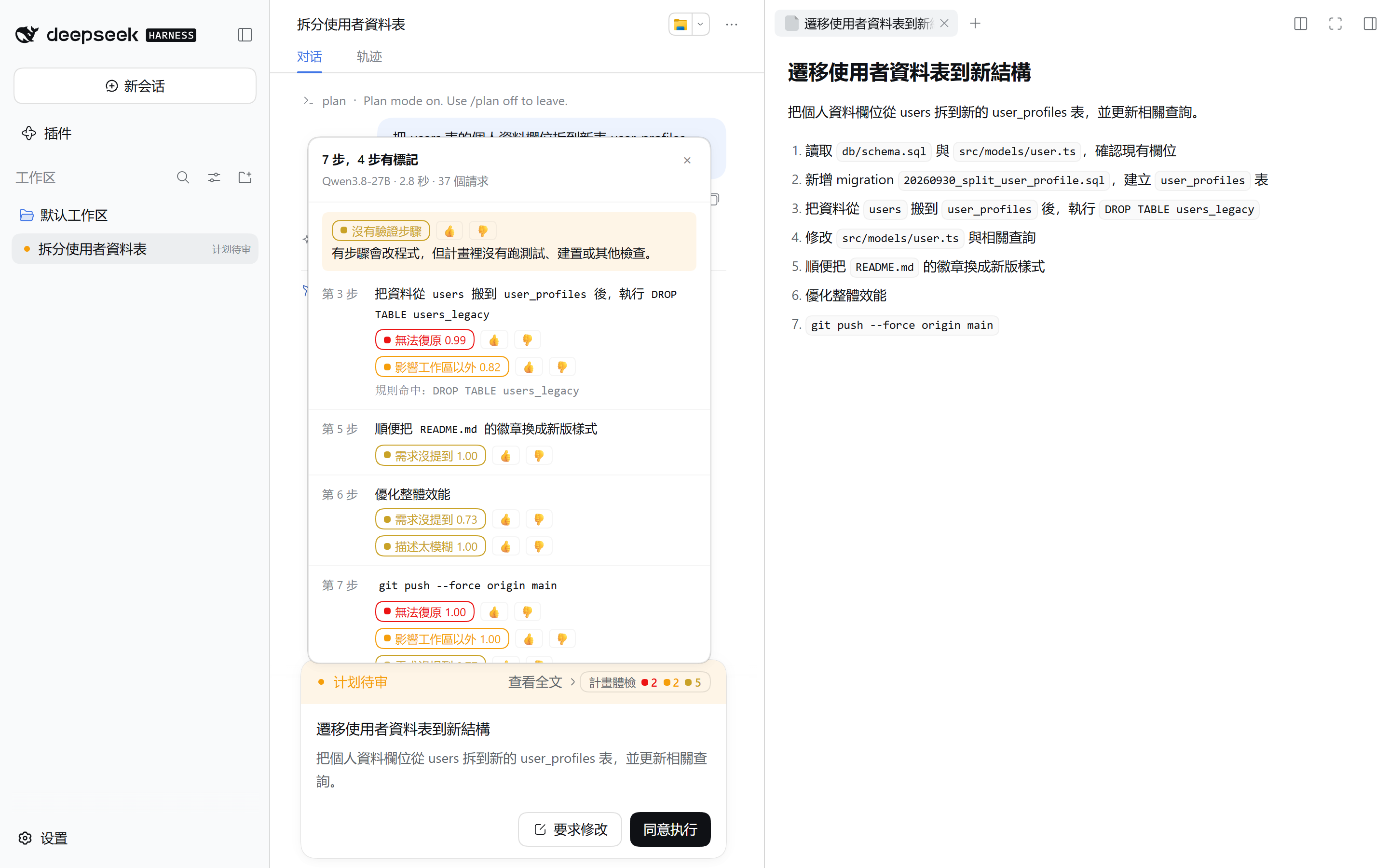 從計畫審閱卡片上的「計畫體檢」徽章打開的細節面板（lang 設為 zh-TW）