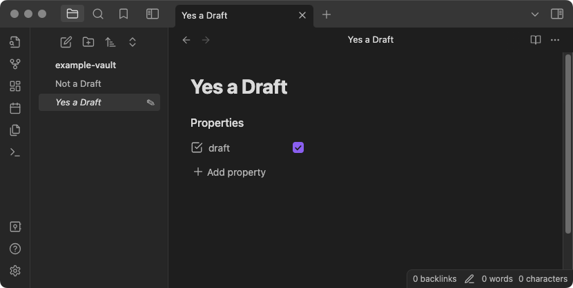 A screenshot of an Obsidian window, with two files listed in the file explorer panel. One filename, called "Yes a Draft" is italicized and has a small pencil icon to its right