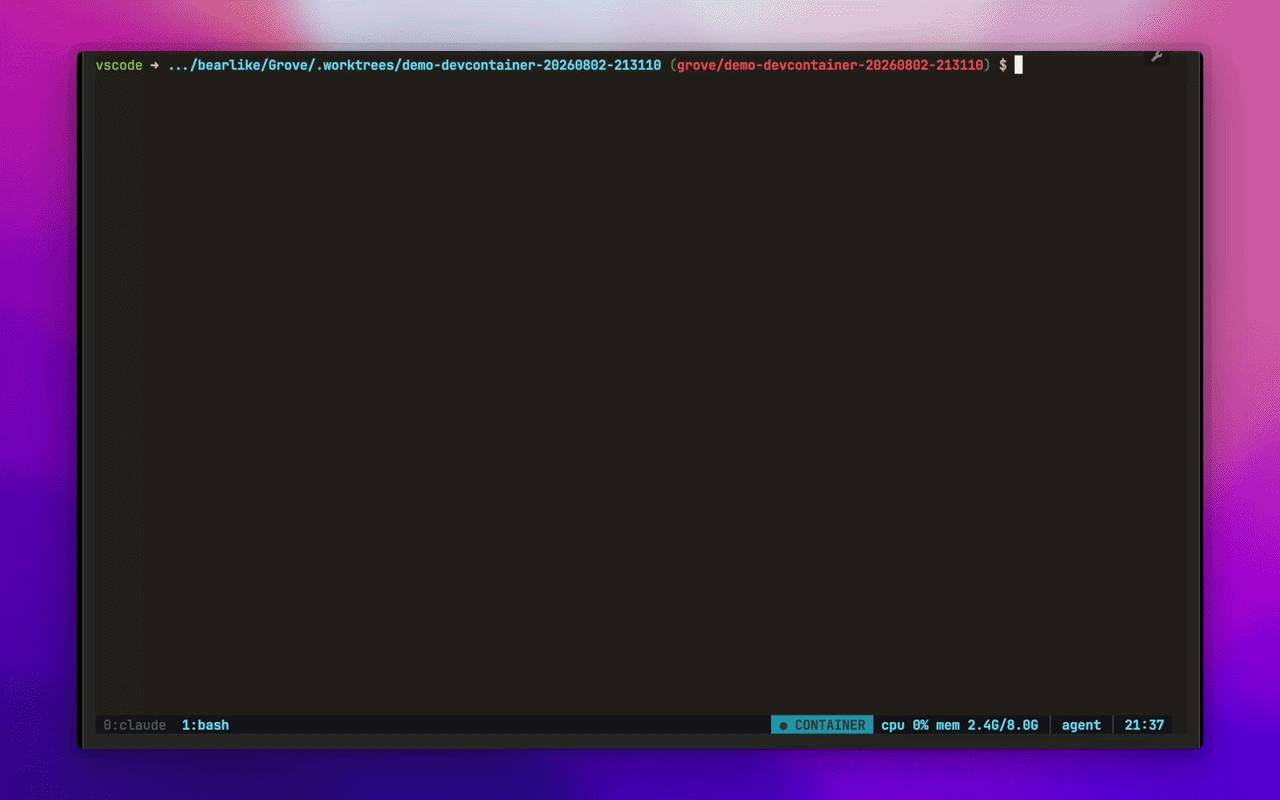 Grove creating a containerized workspace: the create modal selects the Container runtime after finding the project's .devcontainer/devcontainer.json, then Claude Code runs inside the container behind a DEV CONTAINER statusline reporting the container user, the branch, and the container's own CPU and memory limits
