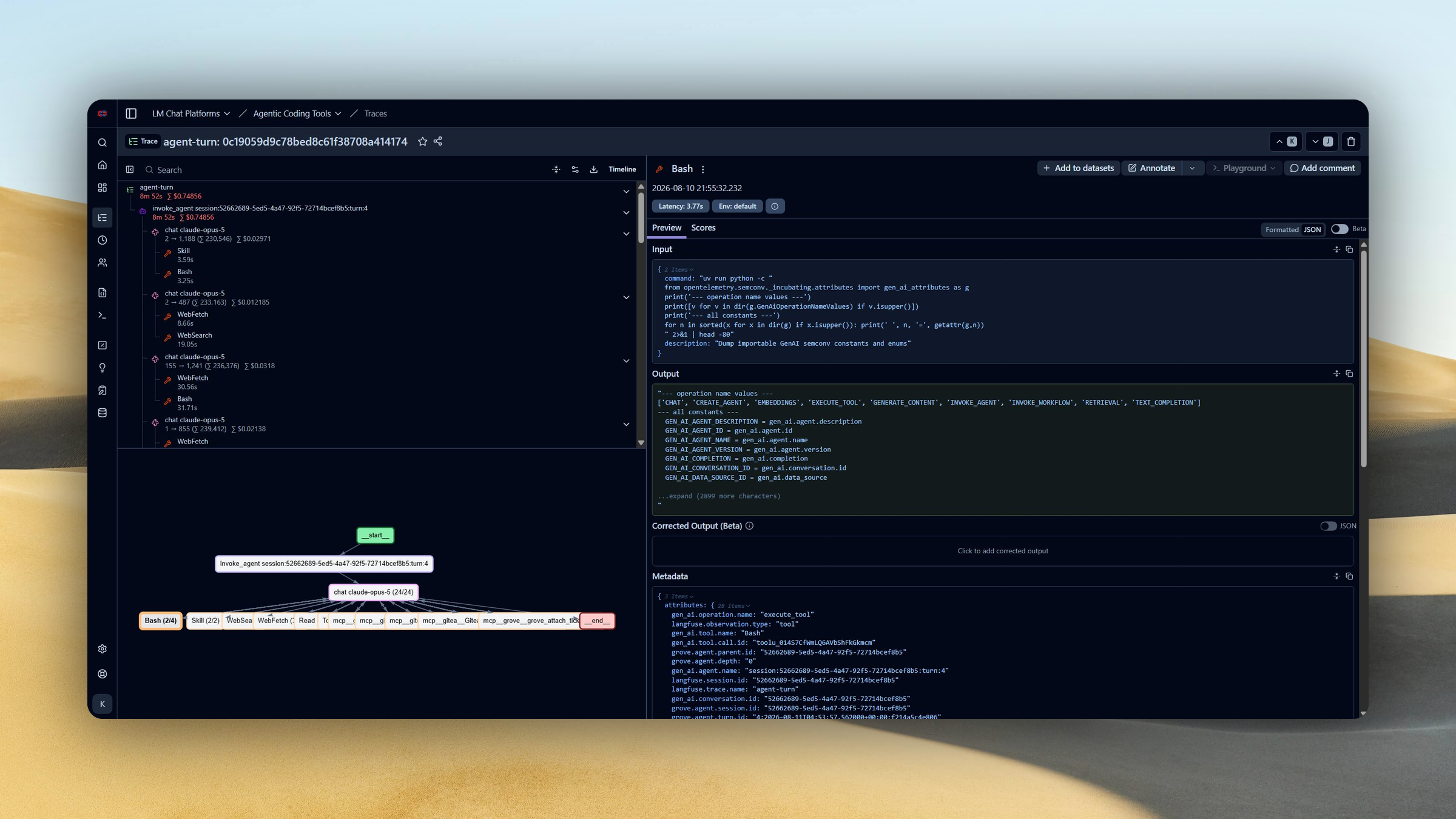 One Claude Code turn as a Langfuse trace: an agent-turn root with cost and duration, nested model generations, and a span for each Bash, Skill, WebFetch and WebSearch call, with GenAI and Grove attributes on the selected span