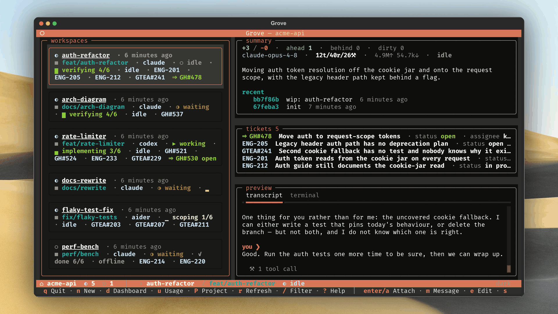 The Grove TUI: a project-scoped workspace list with a live agent peek rail showing the summary, recent commits, and transcript