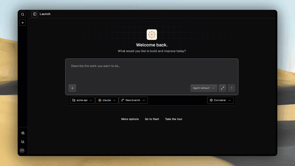 Grove's web dashboard cycling through seven views: the launch composer, the host-wide session catalog, one workspace with its agent transcript beside the work panel, an image being annotated beside the transcript, an architecture diagram the agent drew filling the work pane, the usage audit, and the attention-sorted fleet grid