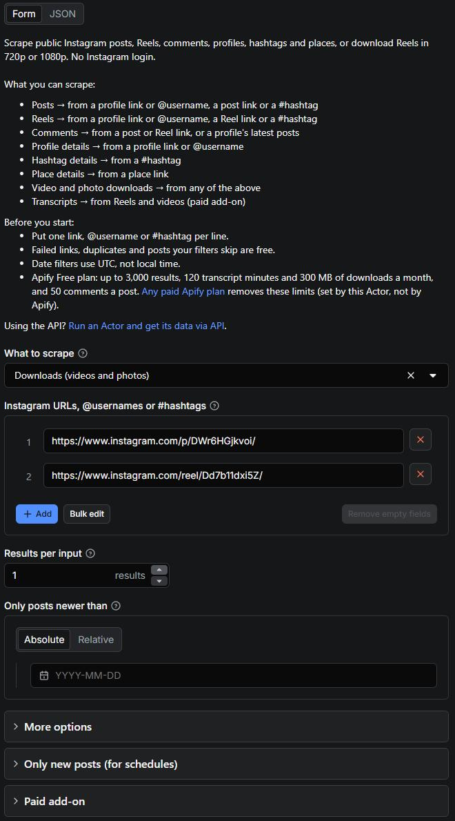 Instagram Scraper input: Instagram links, @usernames or #hashtags, what to scrape and results per input