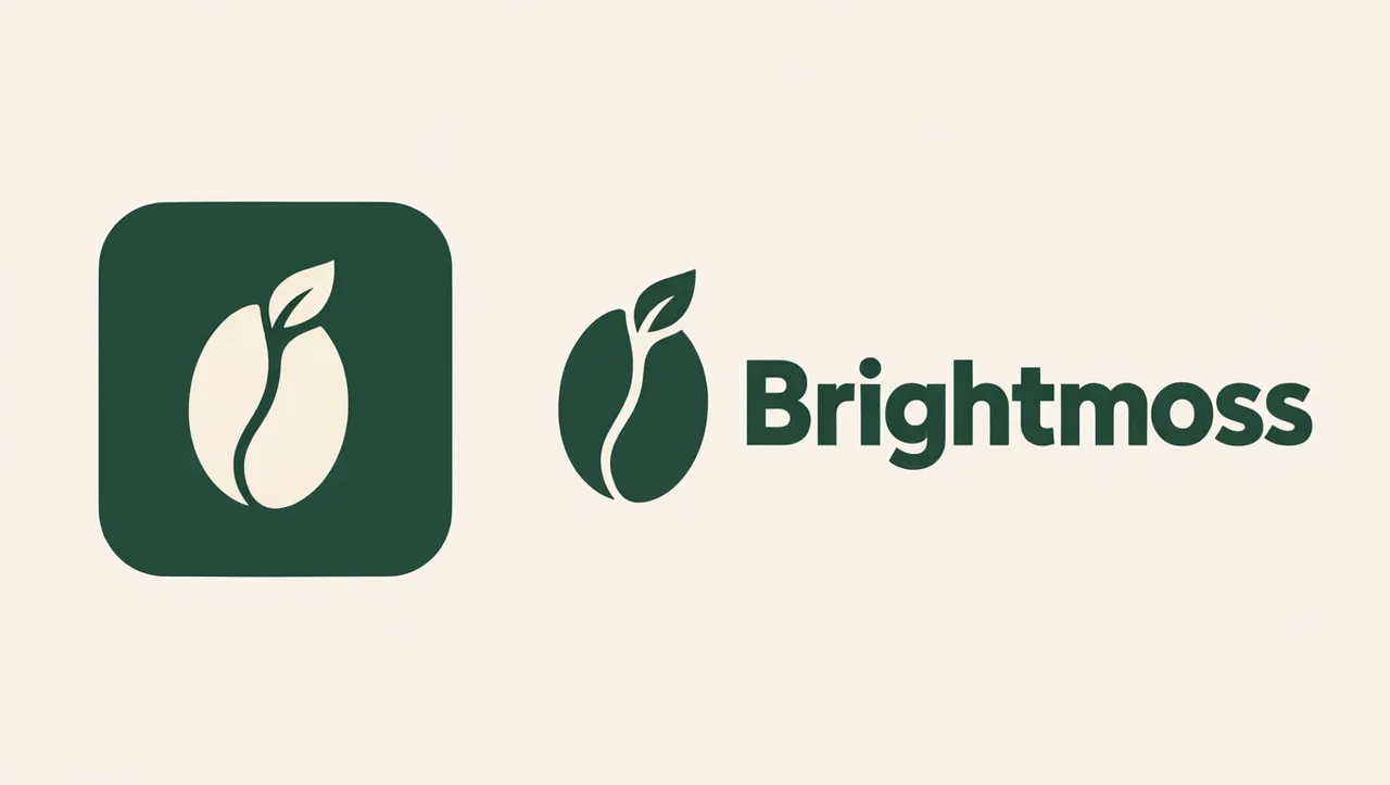 The chosen Brightmoss bean-and-leaf direction refined into an app icon and a horizontal wordmark lockup. AI-generated with Beatra.