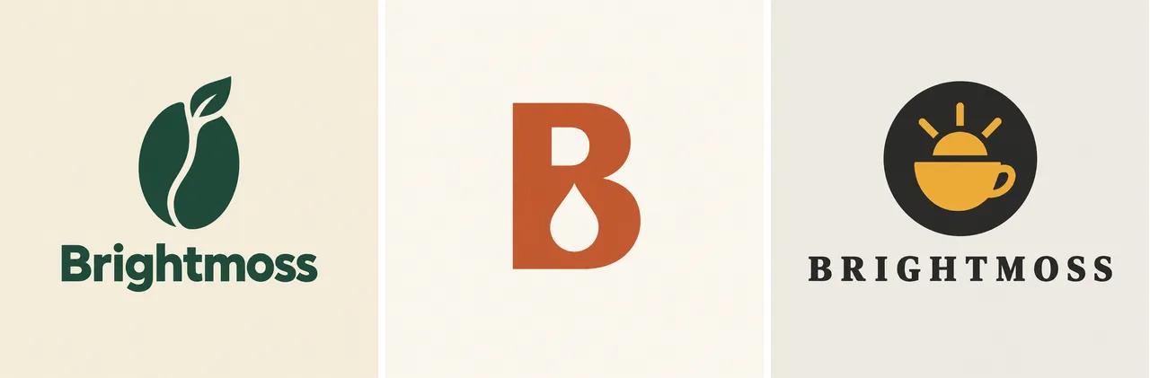 Three logo directions for a fictional specialty coffee roaster, Brightmoss: a bean-and-leaf combination mark, a B lettermark with a coffee-drop cutout, and a sun-over-cup emblem. AI-generated with Beatra.
