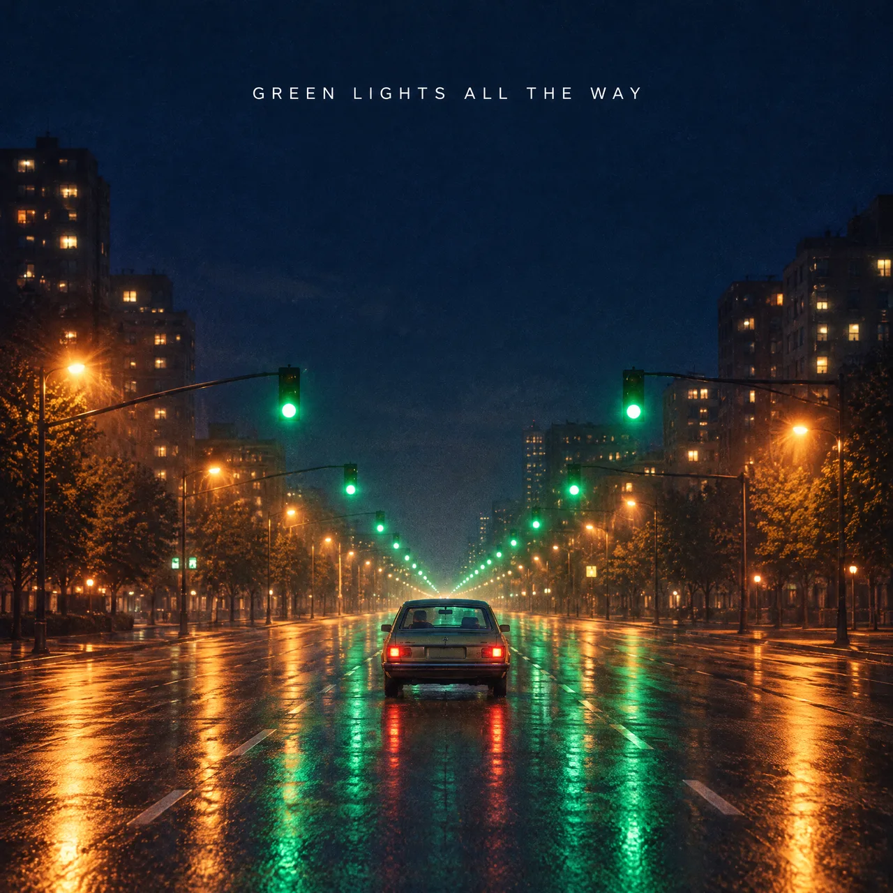 Cover art for "Green Lights All the Way", a song about a late-night drive through an empty city. AI-generated with Beatra.
