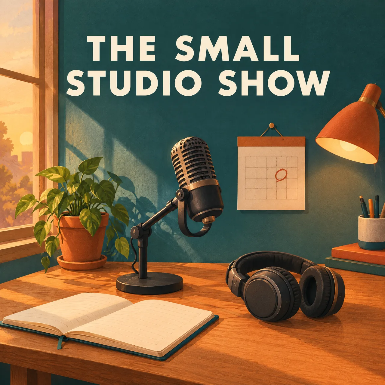 Cover art for The Small Studio Show, a fictional solo podcast about shipping side projects. AI-generated with Beatra.