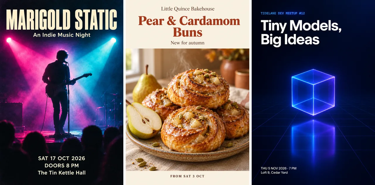 Three 2:3 posters generated from short briefs: an indie music night for the fictional Marigold Static, a seasonal bun launch for the fictional Little Quince Bakehouse, and a minimal developer meetup poster for the fictional Tidelane Dev Meetup. AI-generated with Beatra.