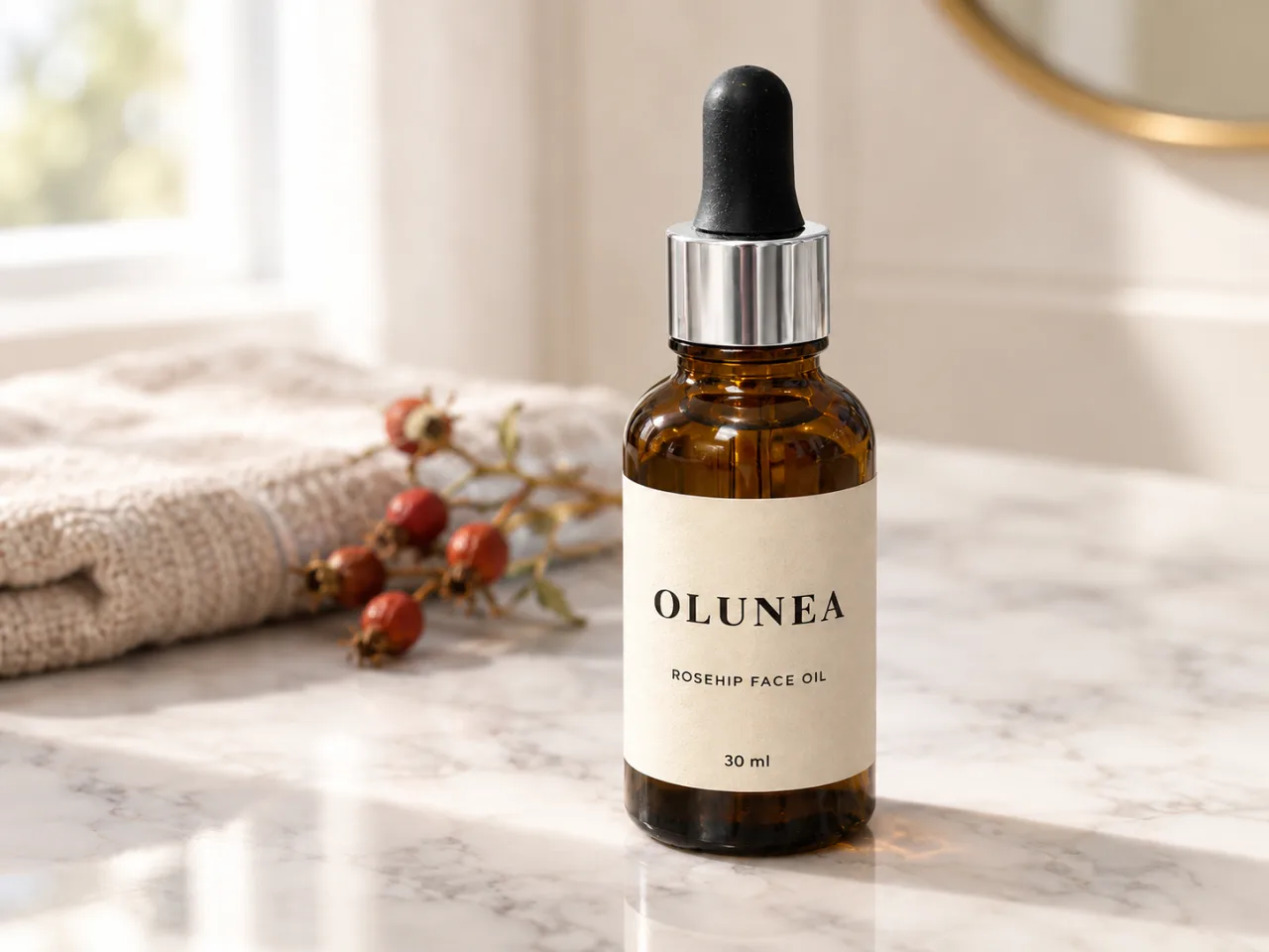 The same OLUNEA bottle from the phone snapshot placed in a marble bathroom-vanity lifestyle scene with soft window light, label and shape kept as in the source. AI-generated with Beatra.