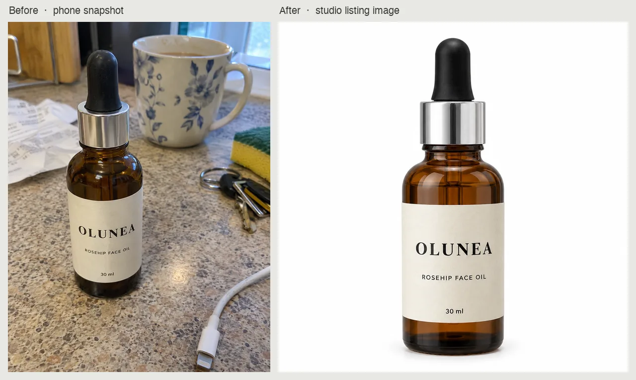 A cluttered kitchen-counter phone snapshot of a fictional rosehip face oil, OLUNEA (itself AI-generated as the demo input), turned into a white-background studio listing image with the label text and bottle shape unchanged. AI-generated with Beatra.