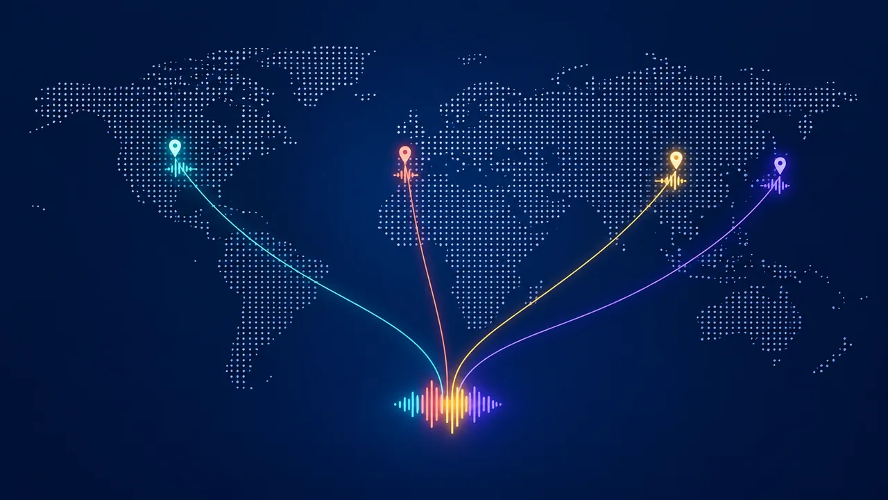 Cover image for a four-language voice-over sample: a dotted world map where voices from the United States, Spain, China and Japan meet in one waveform. AI-generated with Beatra.