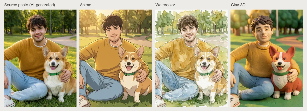A photo of a fictional young man with his corgi in a park (the source photo is itself AI-generated) restyled as anime, watercolor, and clay 3D art with his face, hair, clothes, and the dog's markings kept recognizable. AI-generated with Beatra.